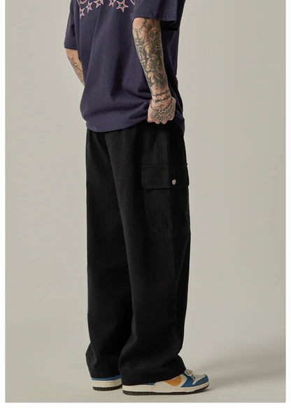 Men's Sweatpants 2025 Spring Autumn Vintage Japanese Wide Leg Straight Loose Button Big Pockets Cargo Pants Drawstring Trousers.