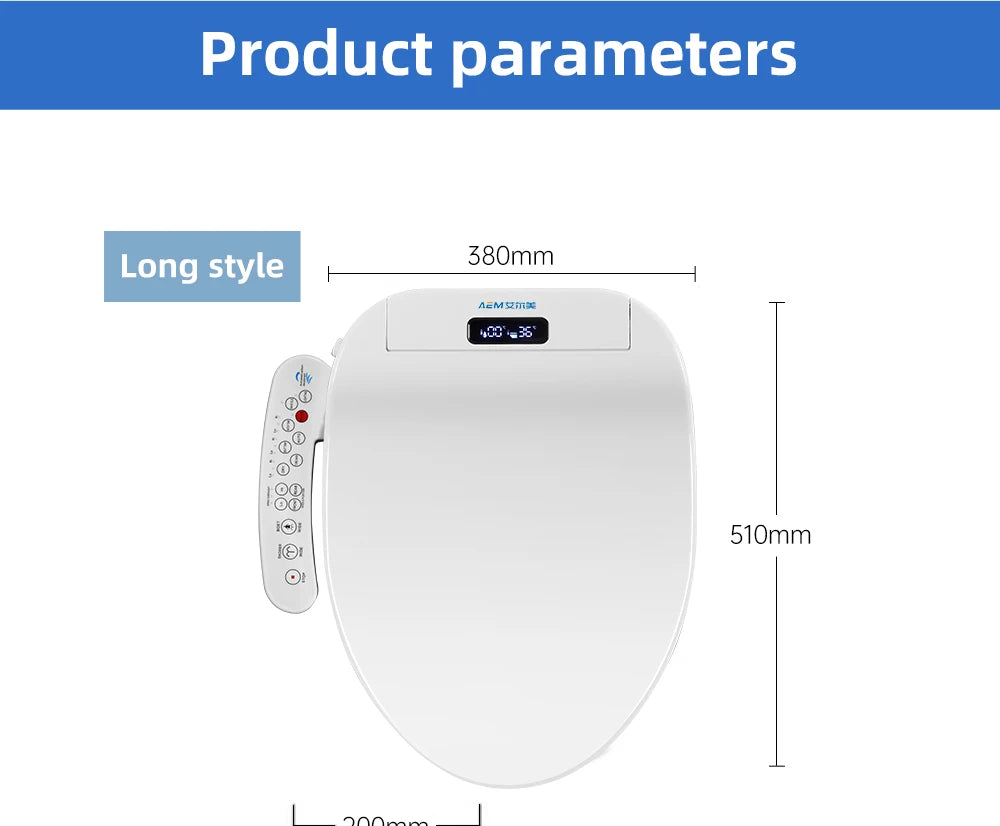 Intelligenter Bidet-Toilettensitz für Badezimmer, beheizter Sitz, langsames Schließen, warmer Trockner, hinten vorne, waschbar, warmes Wasser, Fernbedienung, Nachtlicht