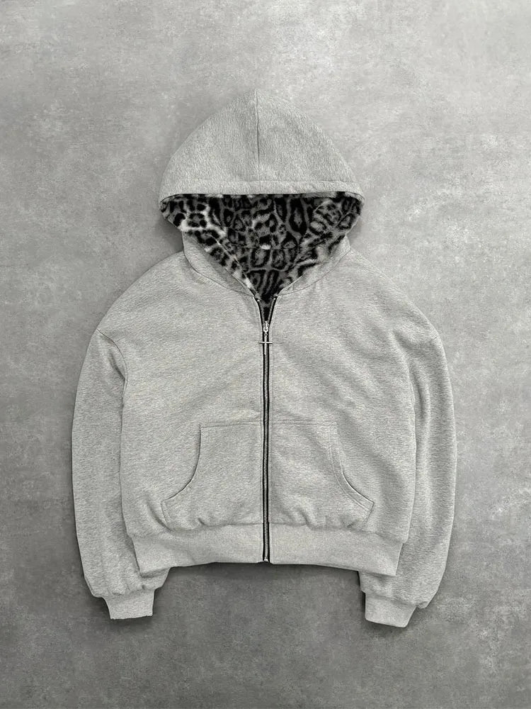 Unisex hoodie hooded sweatshirt with leopard print lining pocket, loose cardigan, zipper sweatshirt, streetwear style.