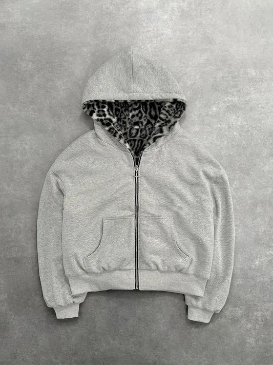 Unisex hoodie hooded sweatshirt with leopard print lining pocket, loose cardigan, zipper sweatshirt, streetwear style.