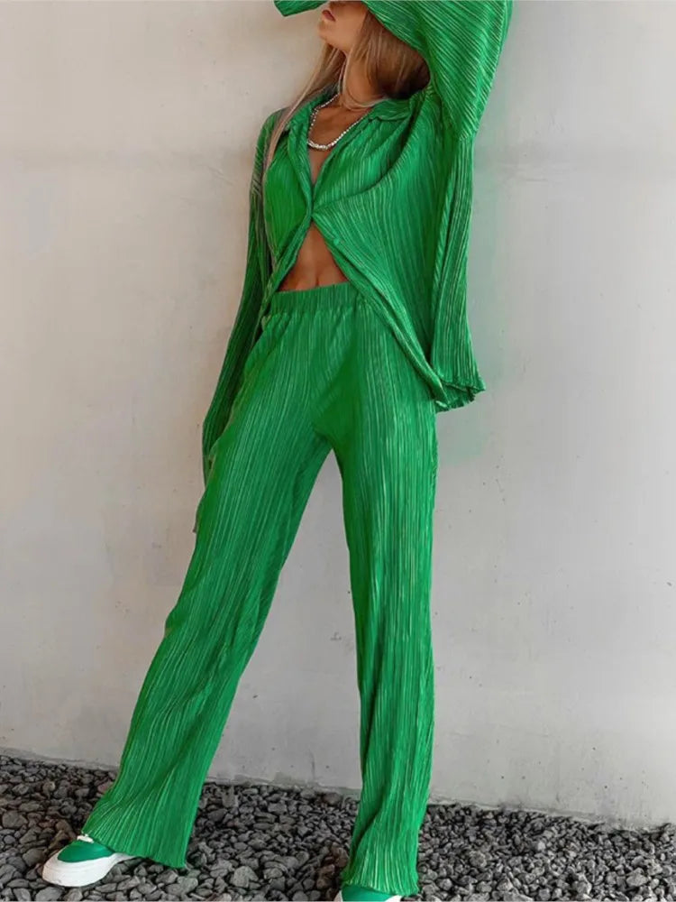 2024 Spring Autumn Women's New Solid Color Button Shirt Long Sleeve Drop Feel Loose Soft Wrinkle Casual Two Piece Set.