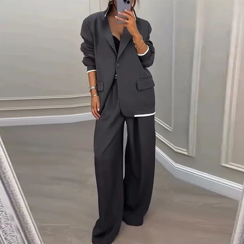 Autumn Winter Blazer Jacket Set Woman Elegant Single Button Lapel Cardigans & Wide Leg Trousers Suit Elegant Solid Office Outfit.