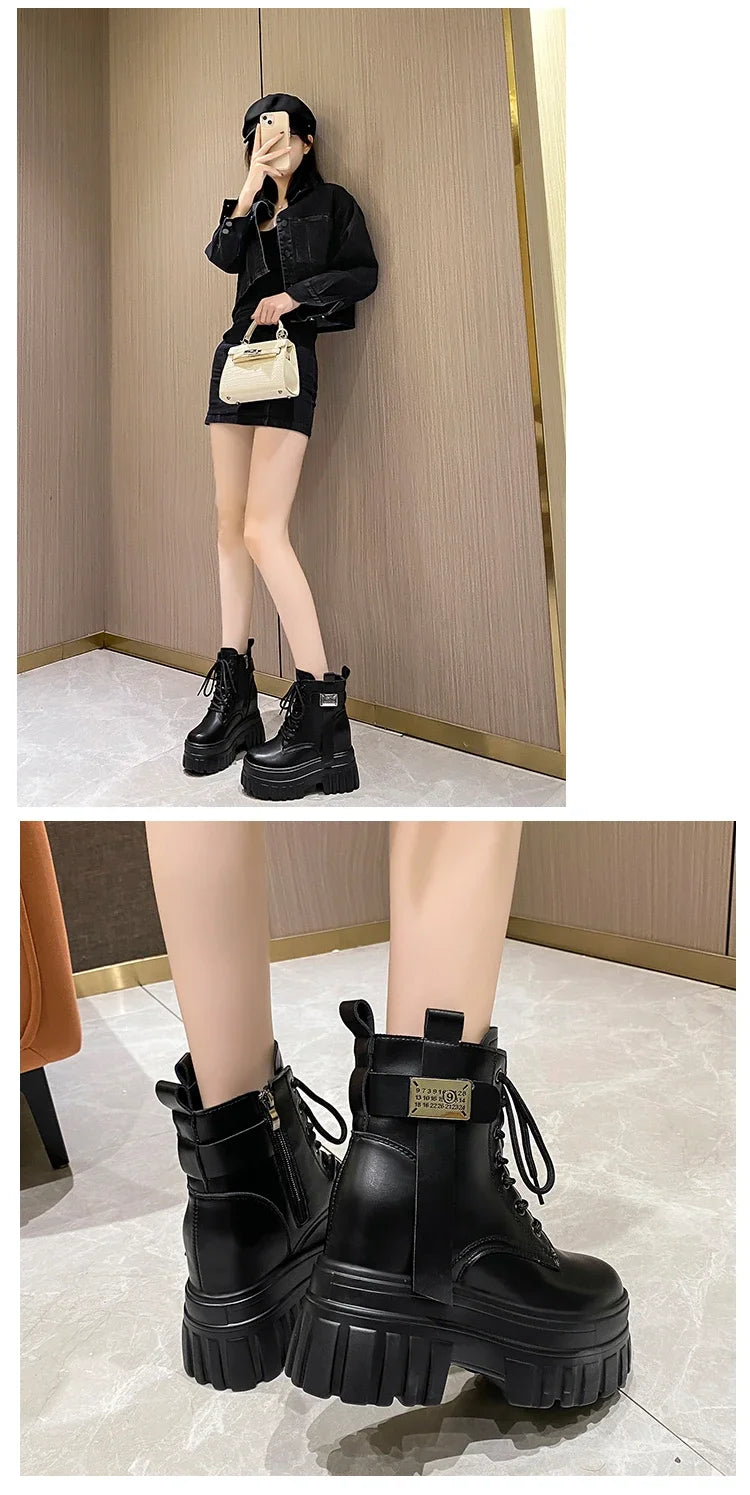 Women's High Platform Motorcycles Boots Winter 10CM Wedge Heels Warm Ankle Boots Chunky Sneakers New Autumn Leather Shoes Woman.