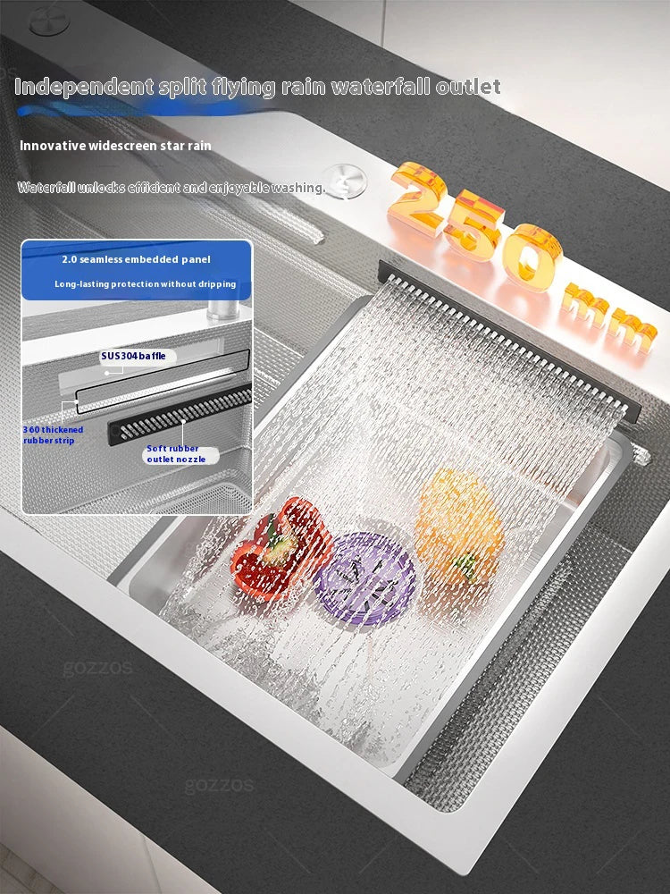 Silver 304 Stainless Steel Waterfall Kitchen Sink Multifunctional Scratch and Wear Resistant Large Single Slot Undermount Basin