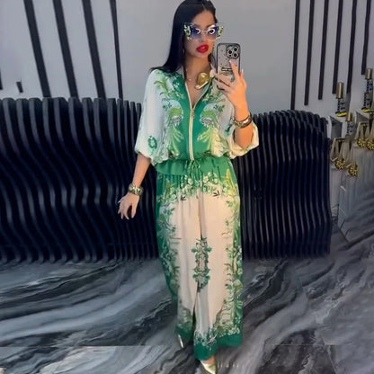 Summer Fashion Print Women's 2-piece Set Flower Zipper Baseball Uniform Drawstring Trousers Two-piece Outfit Elegant Office Suit.
