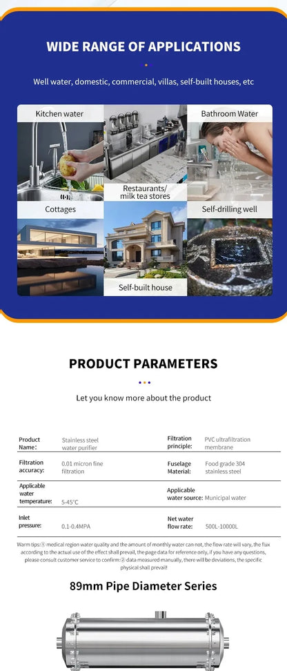 DIVEDEER 600L~3000L household water filter PVDF ultrafiltration purifier with washable pipe type direct drinking water kitchen