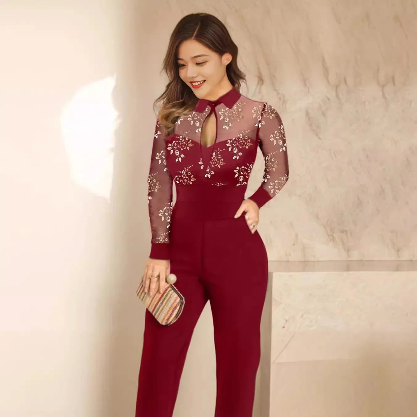 New Fashion Women's Jumpsuit Lace Burned Gold Color Cross-Border Style European And American Popular Selling Ladies Long Pants.