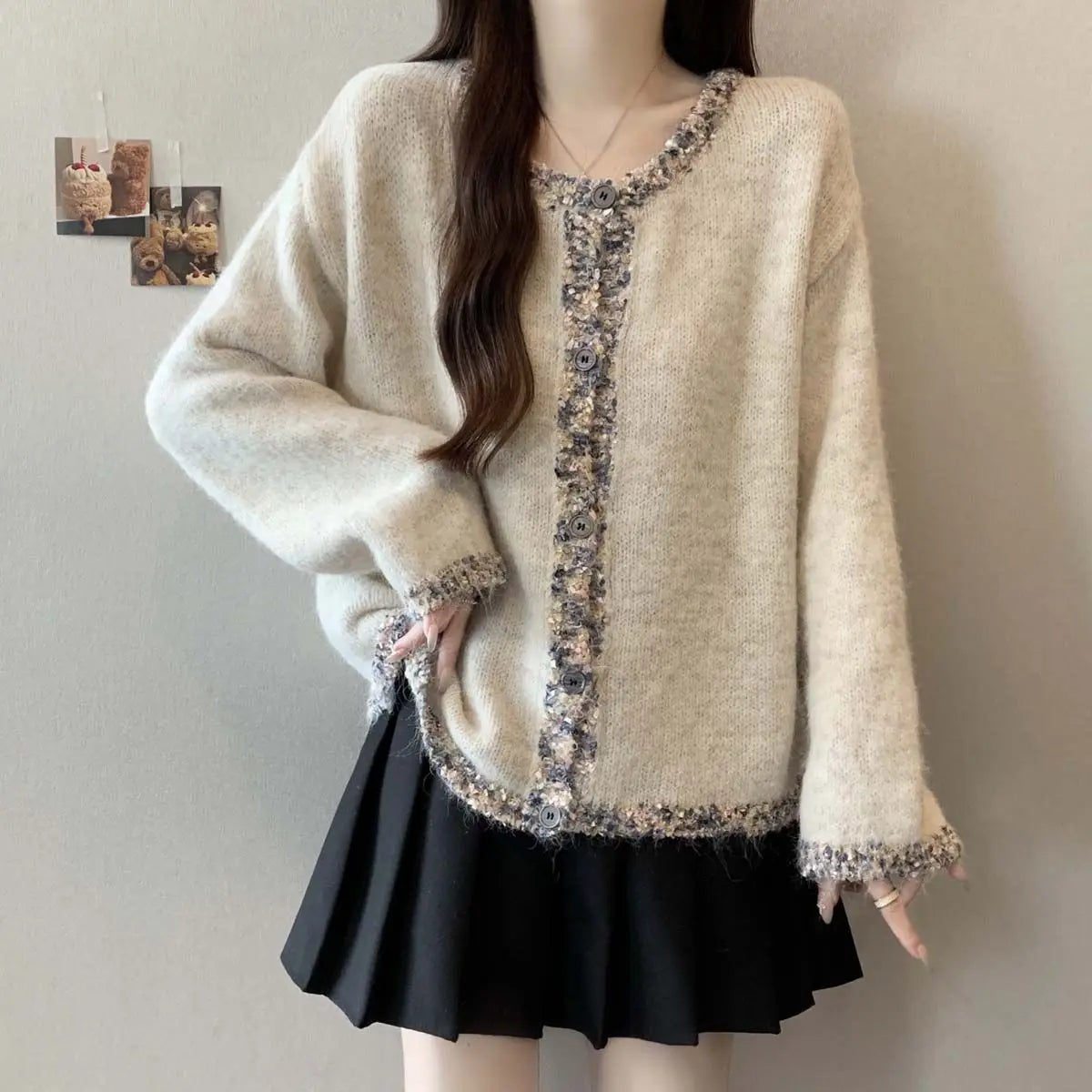 Pailletten-Strickjacke für Damen, Herbst und Winter, lockeres Schlankheitsoberteil