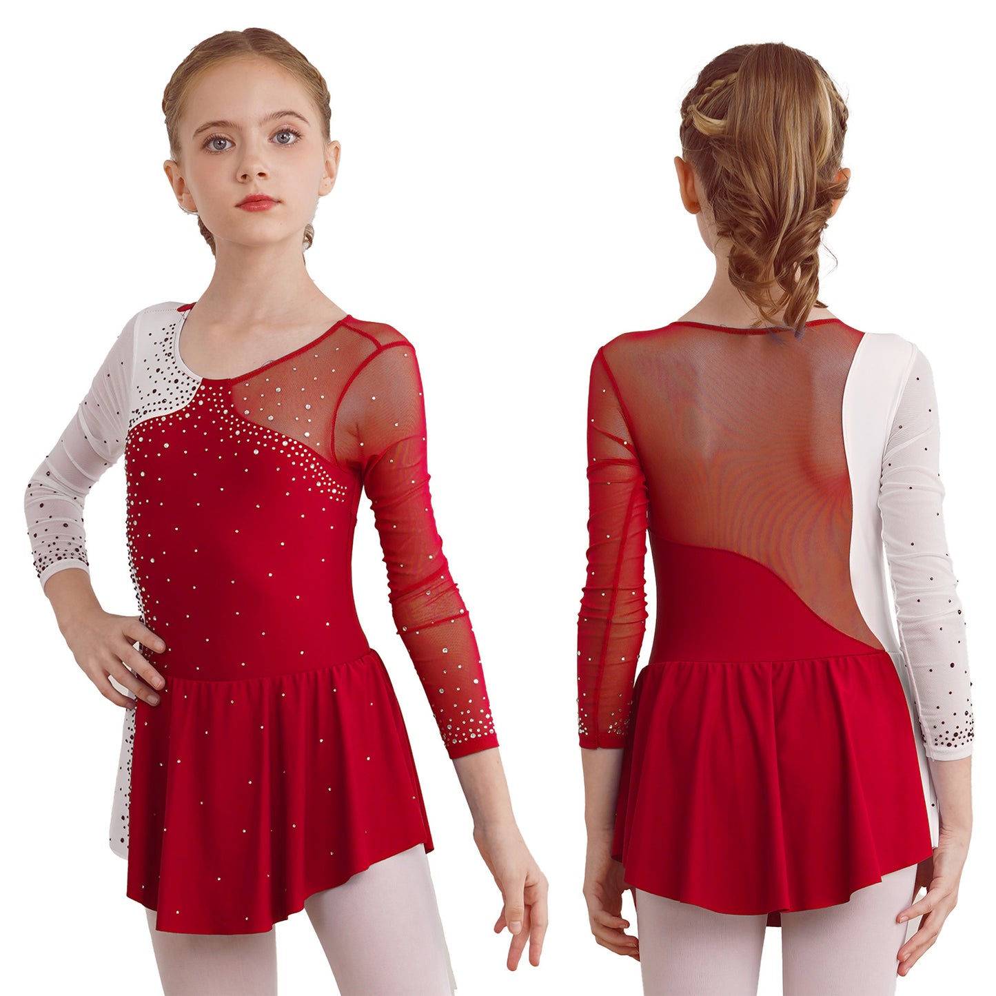 6-16Y Mädchen Eiskunstlauf Tanz Kleid Ballett Gymnastik Trikot Langarm Shiny Strass Sheer Mesh Leistung Dancewear
