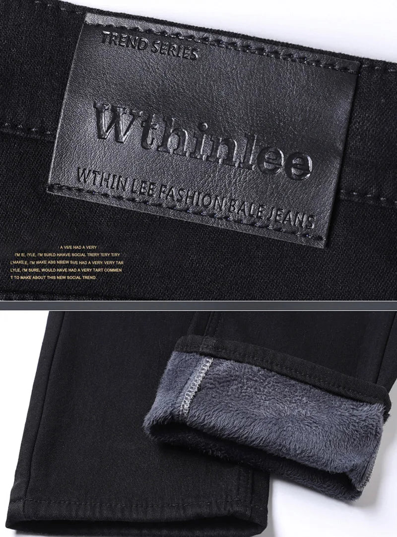 2024 Winter Brand Men Warm Fleece Jeans Fashion Thermal Business Pants Retro Classic Denim Trousers Casual Stretch Slim Jeans.