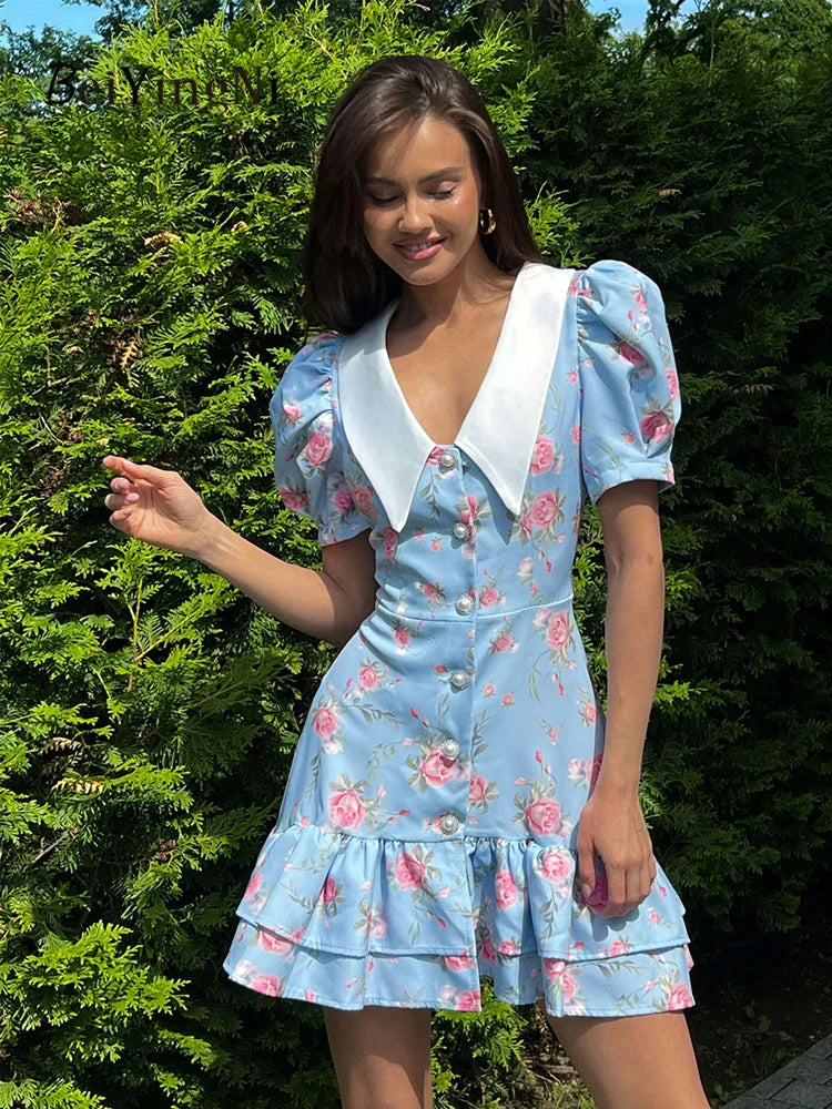 Beiyingni Neue In frauen Kleid Elegante Französisch Mode Schlank Kurzarm Mini Kleider Weibliche Rüschen Tasten V-ausschnitt Kurze Vestido.