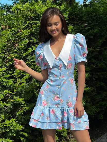 Beiyingni Neue In frauen Kleid Elegante Französisch Mode Schlank Kurzarm Mini Kleider Weibliche Rüschen Tasten V-ausschnitt Kurze Vestido.