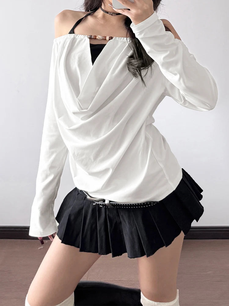 2025 Autumn Winter Women Korean Fake Two Pieces Slash Neck Top 2000s Long Sleeve T-Shirt Kpop Tees Y2k Design Coquette Gyaru New.