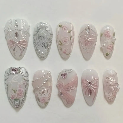24pcs Sweet False Nail Patches Detachable Fake Nail Tips With Bowknots Love Heart Pearl Design Pink Almond Korean Press On Nail.