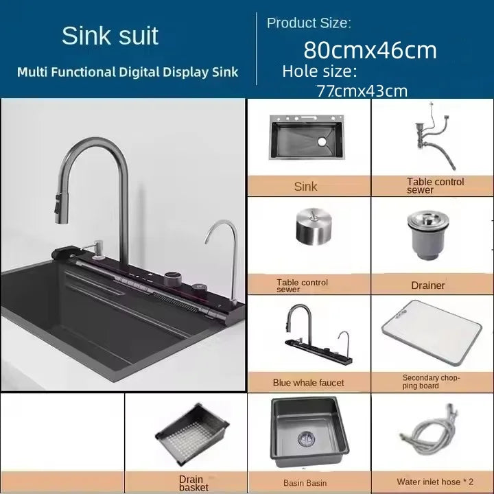 304 Edelstahl Wasserfall Küchen spüle große Einzels chlitz integrierte Digital anzeige Wasserhahn Set Seifensp ender Tasse Waschmaschine