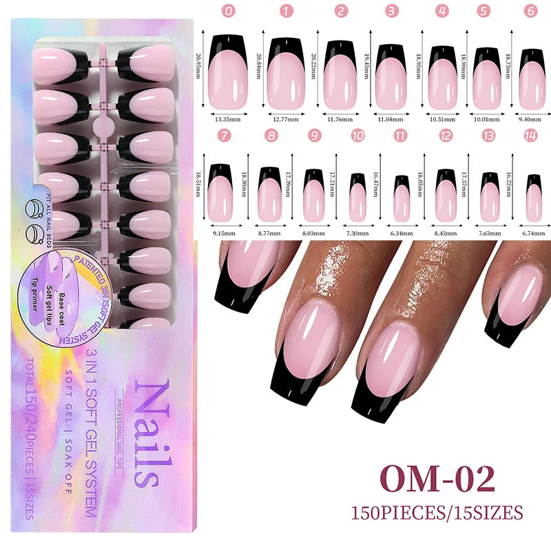 150Pcs/Box Acrylic Press on Nails Full Cover Fake False Tips Soft Gel Extension T-shaped Oval Capsule Almond Sculpted Salon DIY
