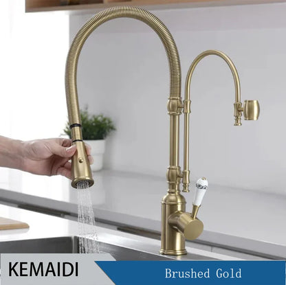 KEMAIDI Golden Spring Pull Down Kitchen Sink Faucet Hot & Cold Mixer Crane Tap with Dual Spout Deck Mounted Hot Cold Faucets