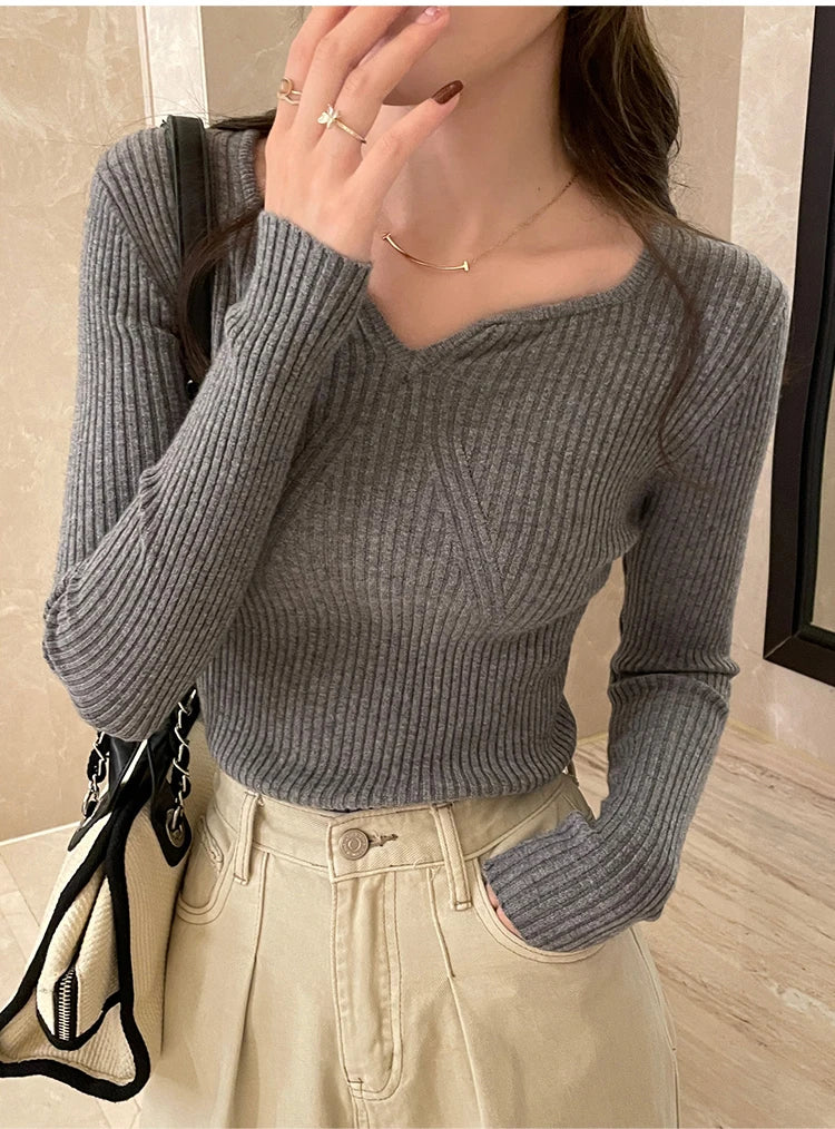 2025 grundlegende V-ausschnitt Chic Herbst Winter Pullover Frauen Weibliche Gestrickte Rippen Pullover Dünne Lange Hülse Badycon Hohe Qualität Pullover