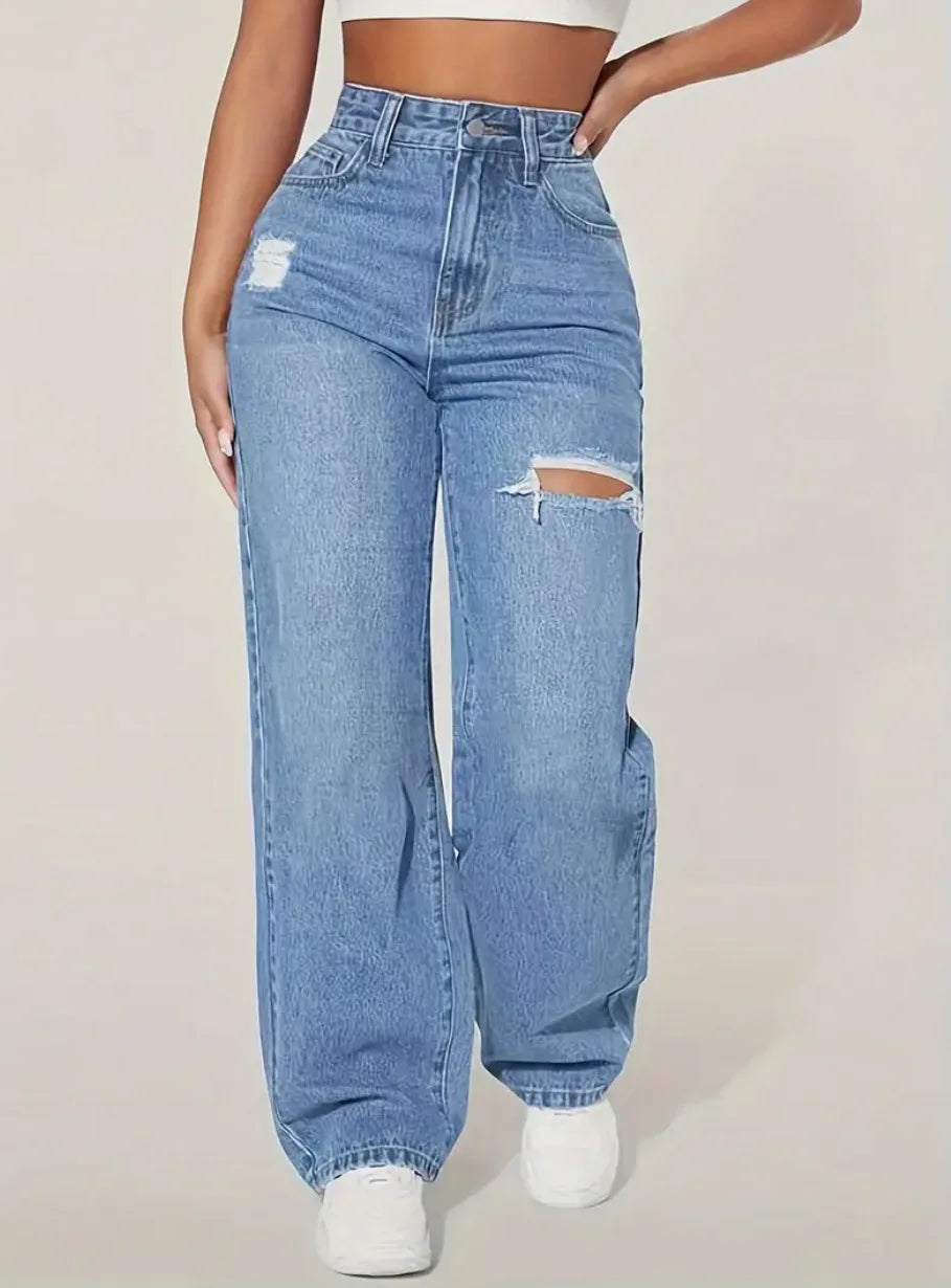 Mom Jeans Women Denim Pant Wide Leg Long Pants Hole High Waist Straight Trousers Y2k Streetwear Work Splice Casual 2025 Punk.
