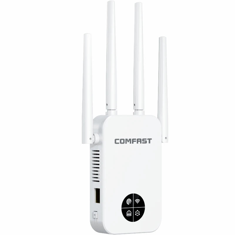 Comfast 1200Mbps Wifi Repeater 2.4/5G Dual-band Wireless WIFI Extender Smart Screen Home Router 4 Antennas WPS/RESET EU Plug.