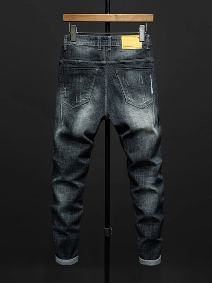 Fashion Ripped Men's Slim Straight Stretch Jeans Korean Personality Streetwear Denim Pants Classic Black Hip Hop Male Trousers.