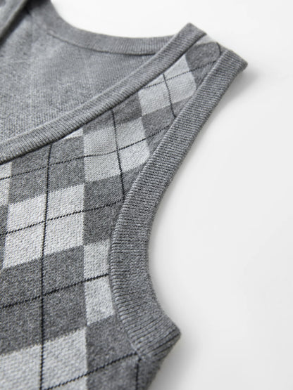FSLE Plaid Rot Grau V-ausschnitt Gestrickte Weste Top für Frauen 2025, Herbst Neue Ankunft Retro College Stil Oberbekleidung Weste 25FS13248.