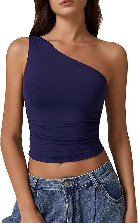 Womens One Shoulder Shirts Going Out Crop Tops Basic Sexy Slim Fit Y2K Tank Top Summer Fashion 2025