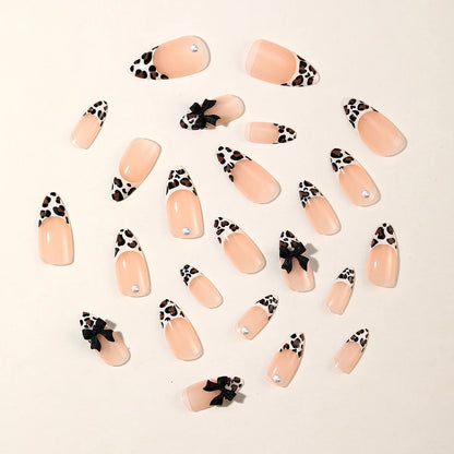 24pcs French Almond Press on Nails Leopard Print False Nails 3D Bow Wearable Stick-on Nails Fake Nail Uñas Накладные Ногти 네일팁.