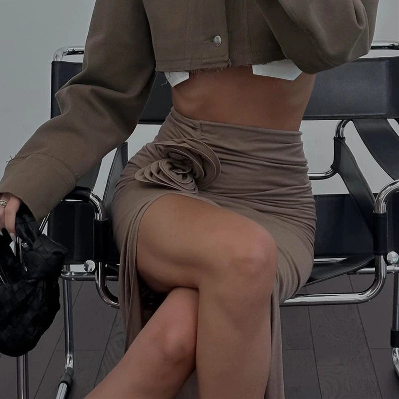 WhereMery Vintage Flower Applique High Split Long Skirt Sexy High-waist Ruched Solid Slim Skirts 2025 Casual Women's Short Drees.