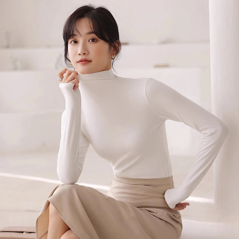 Damen Herbst Winter Slim Fit T-Shirt mit Stehkragen und langen Ärmeln, einfarbig, Basisschicht, weiches, hautfreundliches, nahtloses Unterhemd