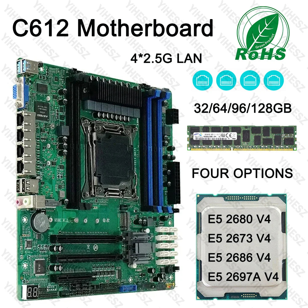 C612 Nas Motherboard DIY Kit E5 2680/2673/2686/2697A V4 CPU 32/64/96/128GB DDR4 Virtual Machine Routers 4x2.5GE 10xSATA Raid.