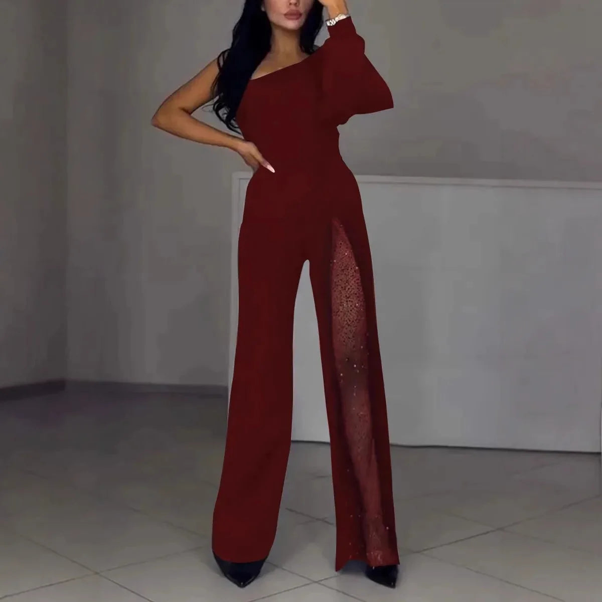 2025 Sping Summer Women's Jumpsuit Casual Comfortable Fashion Sexy Slanted Mesh Slightly Tilted Neck Office Jumpsuits.