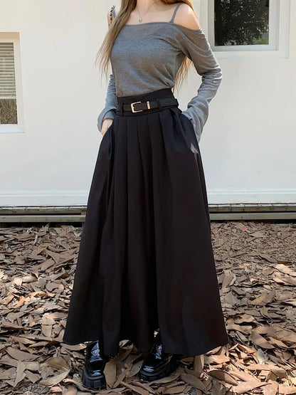 Qiukichonson Grey Midi Long Skirts Womens Maxi Skirt 2023 Autumn Winter Suit Skirt Goth Lolita High Waist Ruffle Pleated Skirts.