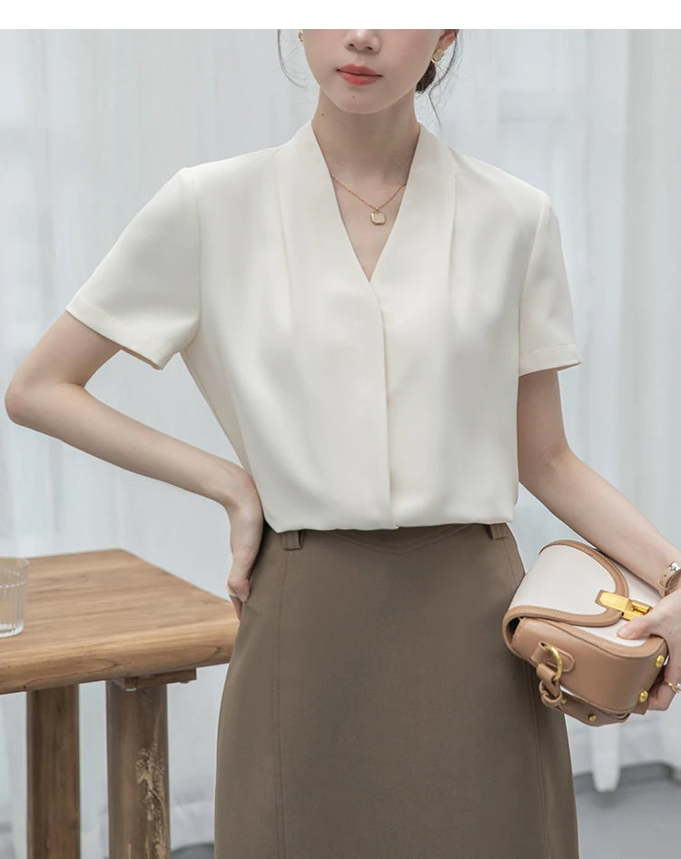 2025 Fashion Summer Short Sleeve V-Neck Women Blouse White Blouse Shirt Women Tops Blouses Shirts Blusas Para Mujer Camisas XL86.