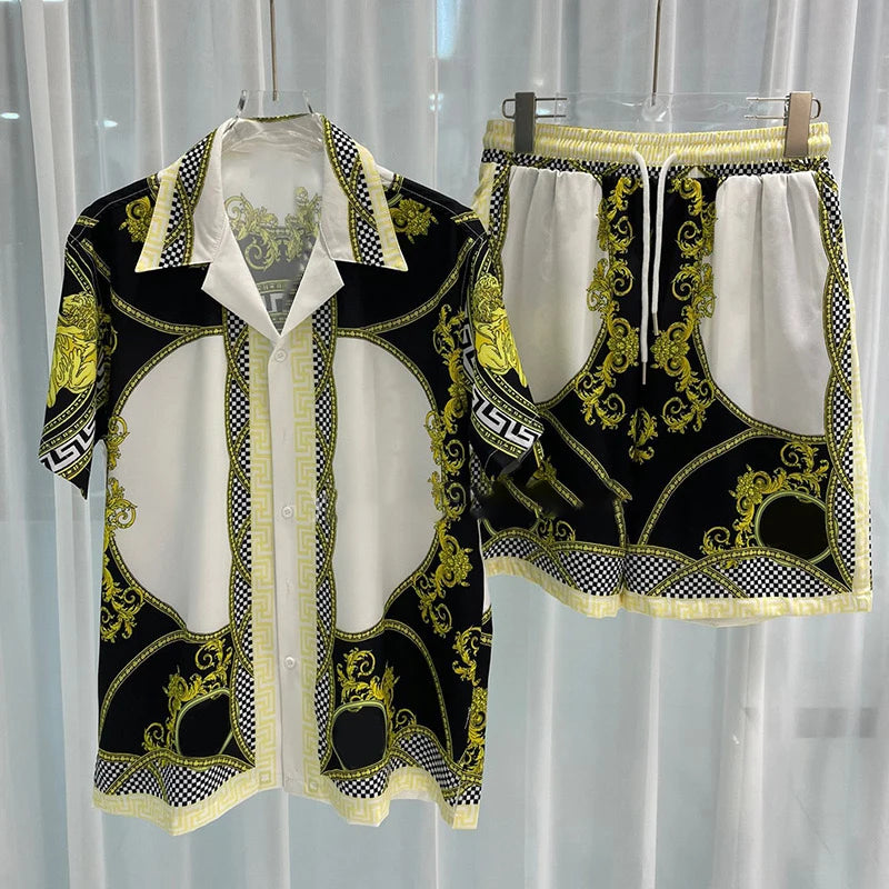 Summer Retro Men Shirt Set3Dprinted Beach Short Sleeved Shirt Shorts Casual Travel Mens Hawaiian 2 Piece Suit Comfortable Casual.