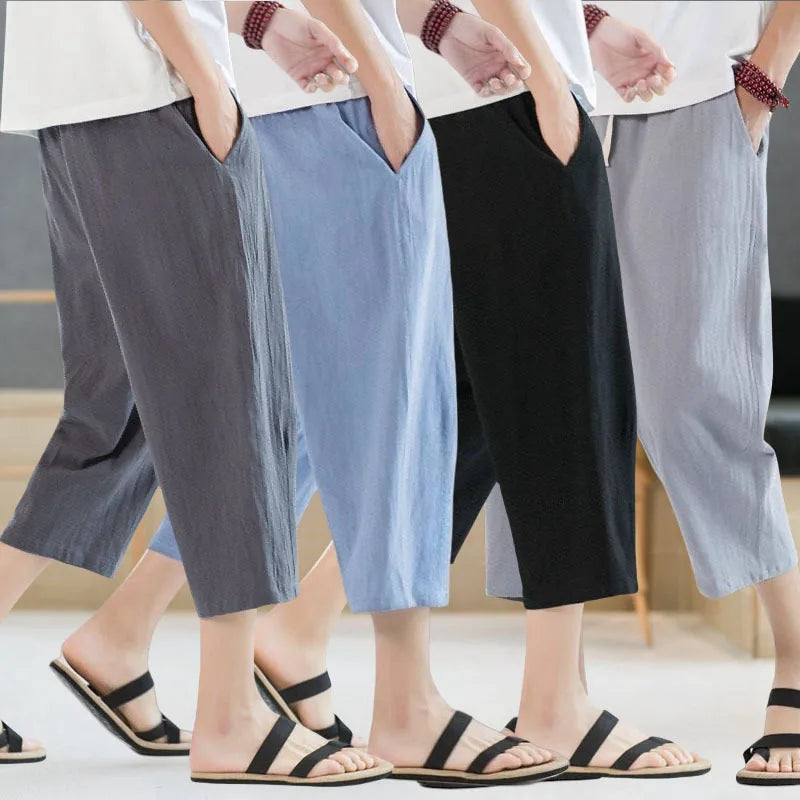 2025 new summer men's casual imitation linen seven quarter pants, thin solid color cut pants, fashionable hip-hop street sports.