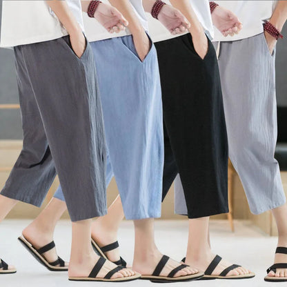 2025 new summer men's casual imitation linen seven quarter pants, thin solid color cut pants, fashionable hip-hop street sports.