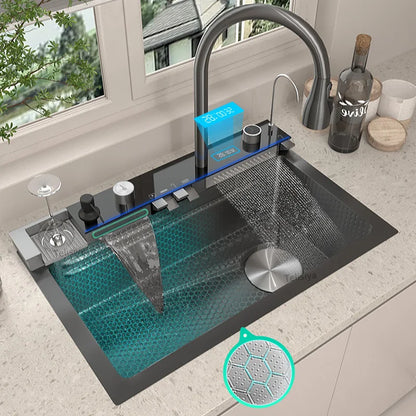 Waterfall Stainless Steel Kitchen Sink Intelligent Digital Display Faucet Large Single Slot Dishwash Bowl Wash Vegetables Basin