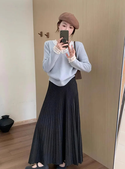 2026 Khaki Cashmere Knitted Midi Skirt for Women, Loose Fit, Draped, Slimming A-Line Pleated Skirt for Autumn and Winter