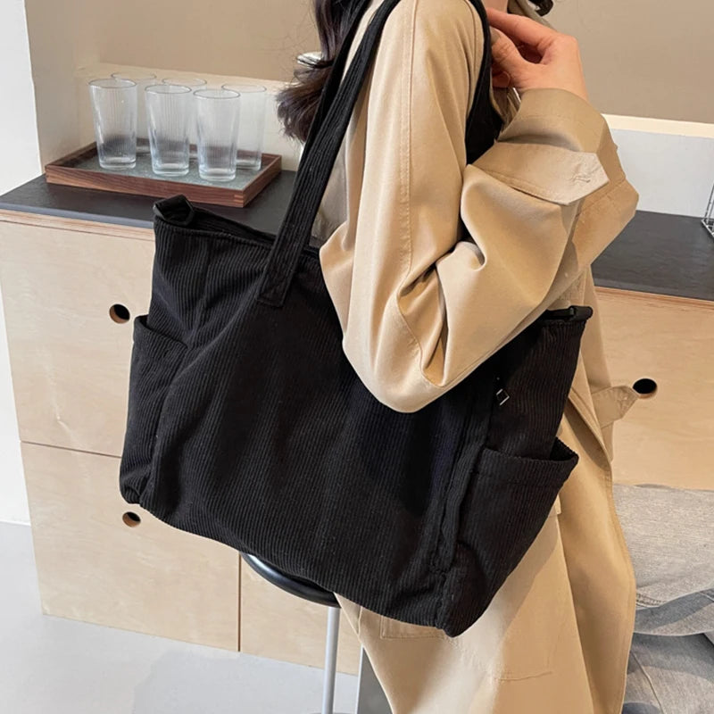 Women Corduroy Tote Bag Casual Multi Pocket Handbag Adjustable Strap Crossbody Sling Bag Zipper Shoulder Bag Fall Winter Bag.