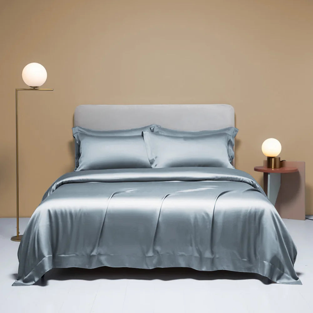 Liv-Esthete Noble 100% Silk Bedding Set Blue Gray Summer Duvet Cover Pillow Case Bed Sheet Quilt Cover Double King Queen Sets.