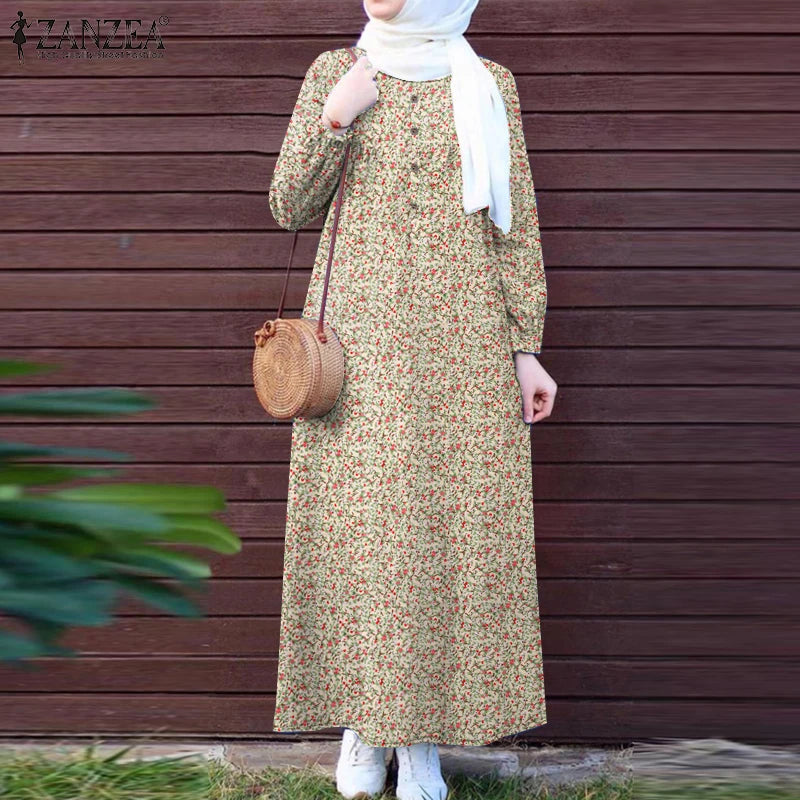 ZANZEA Islamic Women Floral Print Maxi Dress Long Sleeve Loose Casual Abaya Robes 2025 Spring Muslim Hijab O Neck Kaftan Dresses.