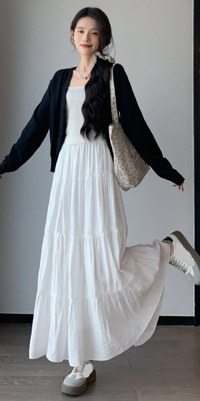 Spring Summer Women Long Skirts Fashion High Waist Elastic Patchwork A-Line Skirt Casual All-Match White Cake Maxi Skirts Female.