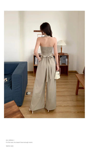French Vintage Polyester Halter One-Piece Pants Women's Summer Business Commute High Waist Slimming Versatile Suit Long Pants