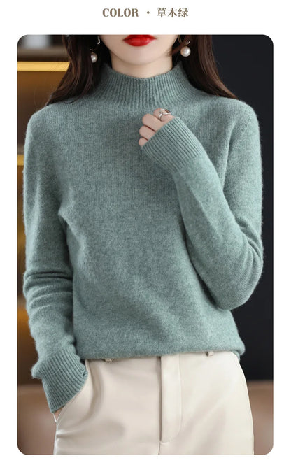 Herbst Winter Frauen Pullover Koreanische Mode Warme Bodenbildung Shirts Halb Hohe Kragen Grundlegende Strickwaren Solide Langarm Pullover