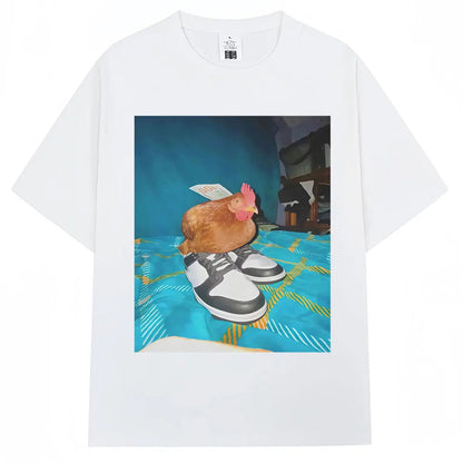 Funny Dripped Out Chicken Meme Print T-shirts Humor Chicken with Shoes Men Women T Shirt Creativity Popular Loose Cotton T-shirt