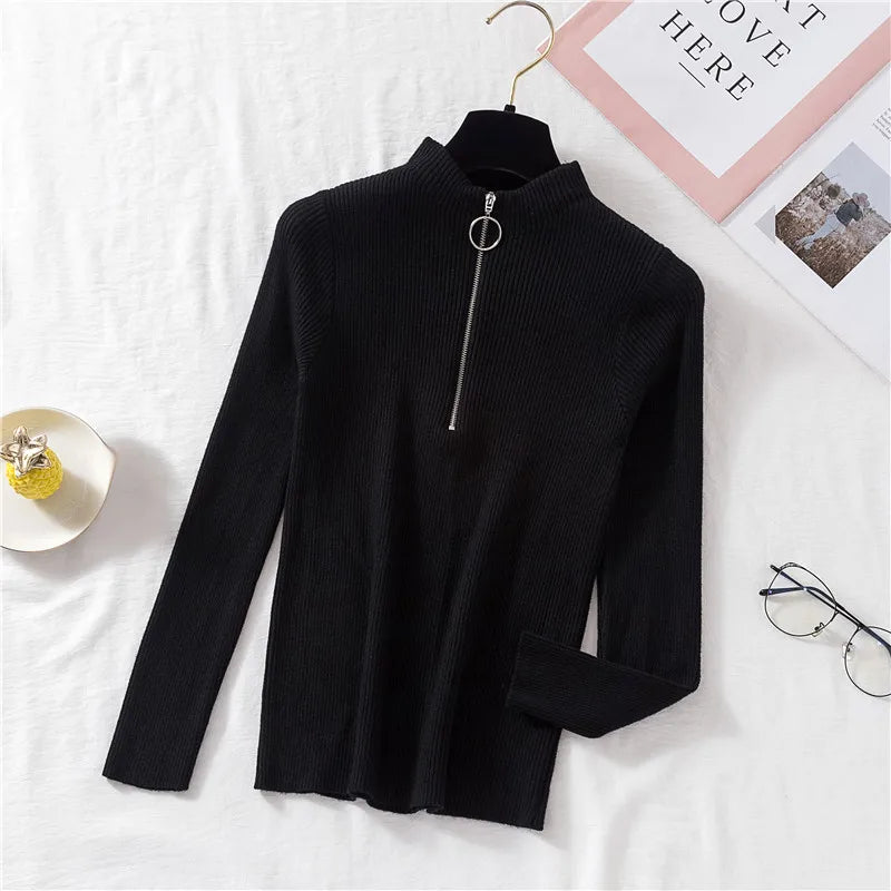 Spring Autumn Skinny Elastic Knitted Shirt Women Pullover Sweater Tops Female Long Sleeve Slim Mock Neck Knit Bottoming Shirts.