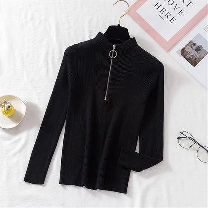Spring Autumn Skinny Elastic Knitted Shirt Women Pullover Sweater Tops Female Long Sleeve Slim Mock Neck Knit Bottoming Shirts.