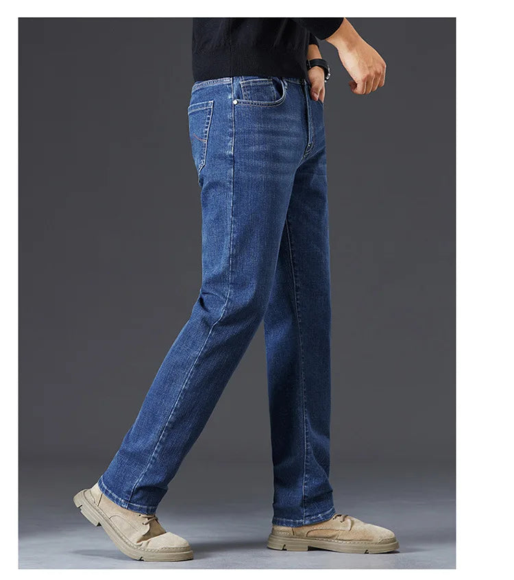 Tall Men Denim Pants Fleece Thick Warm Winter Stretch Jean Male Extra Long Length Leg Trouser 115cm 190cm Black Skinny Thin Slim.