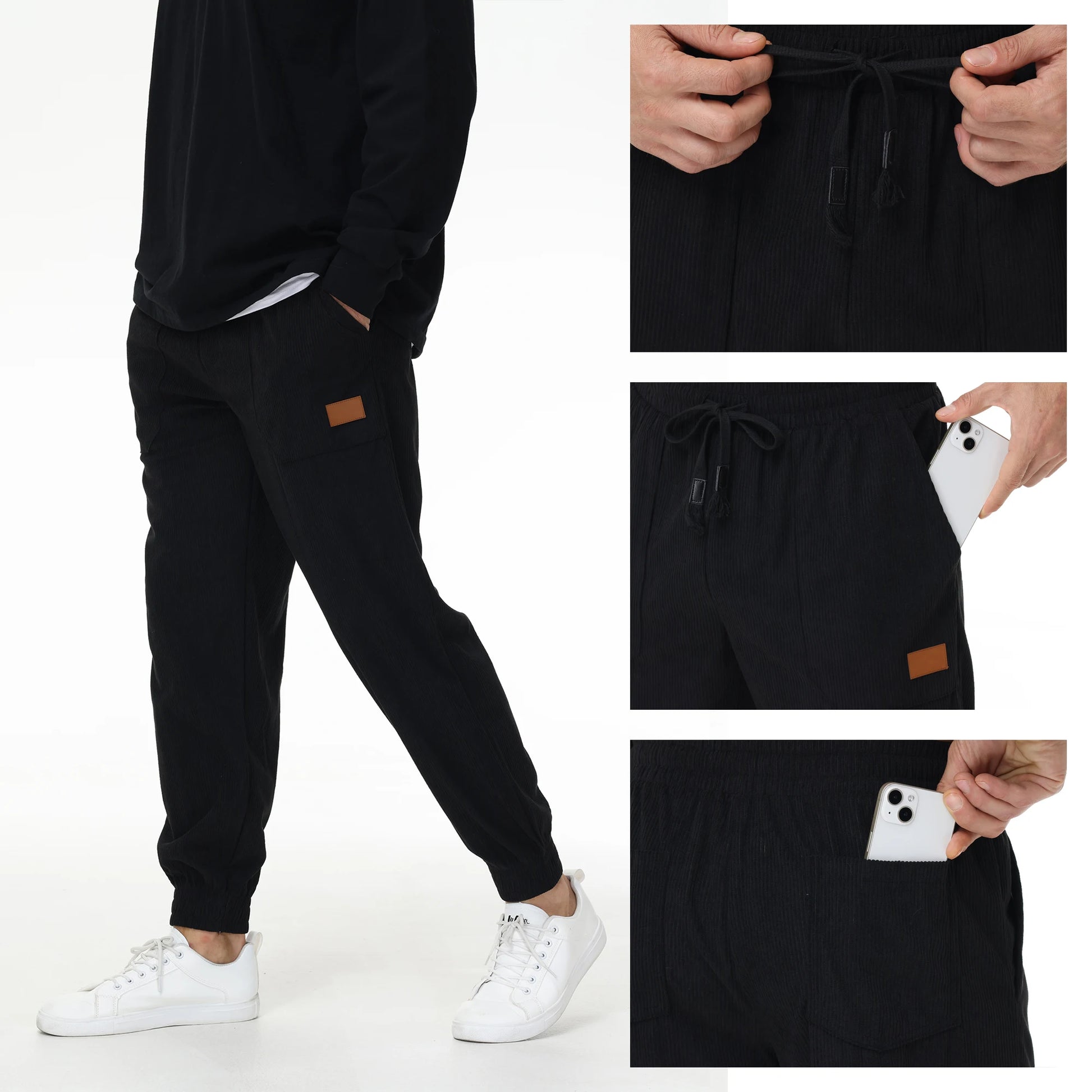 Mens Corduroy Sweatpants Elastic Waist Drawstring Tapered Pants With 4 Pockets for Jogging Running Outdoor Warm Sports.
